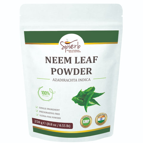 Spierb 100% pure neem powder in a bowl for natural skin cleansing and face masks.